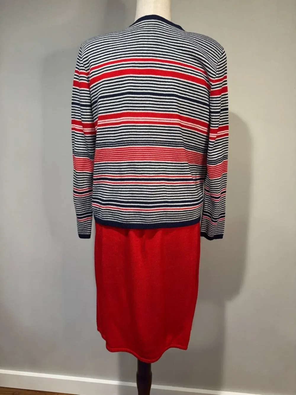 San Remo Vintage Knit Skirt Set Red Navy Striped Cardigan & Shell Petite S/M